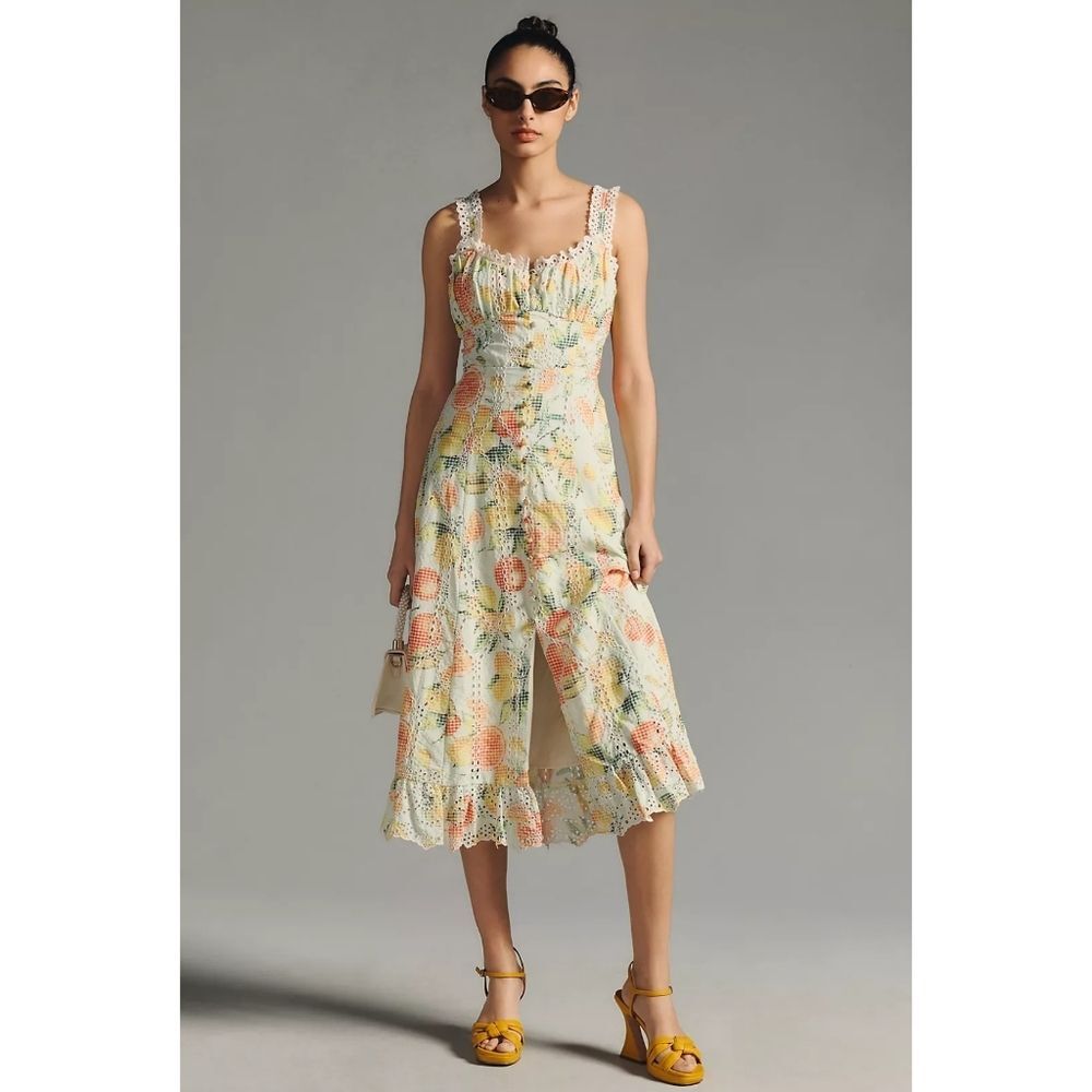 NWT By Anthropologie Ruffled Lace Trim Eyelet Midi Dress